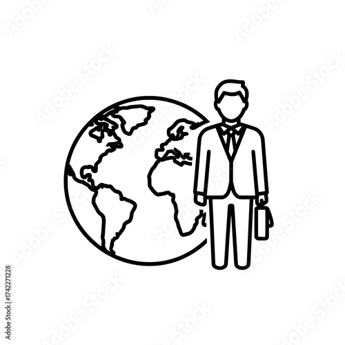 Global business professional with briefcase and world globe icon.