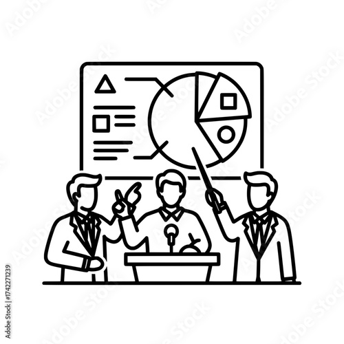 Business presentation with pie chart and speakers discussing data analysis.