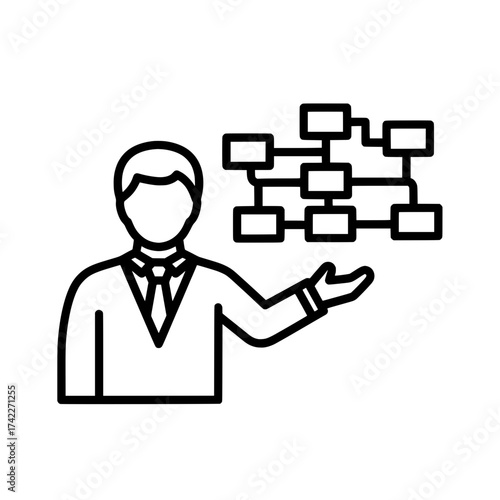 Business presentation of a man explaining a flowchart diagram.