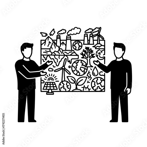 Two men presenting environmental protection and sustainable energy sources.