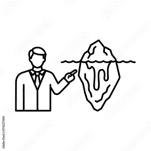 Businessman pointing at an iceberg business concept risk management hidden dangers.