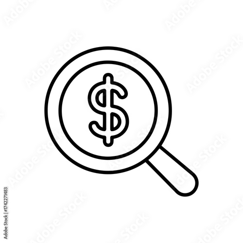 Vector art of magnifying glass over a dollar coin, representing financial search