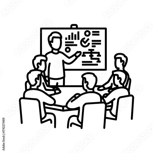 Business presentation with a speaker and audience in a meeting room.