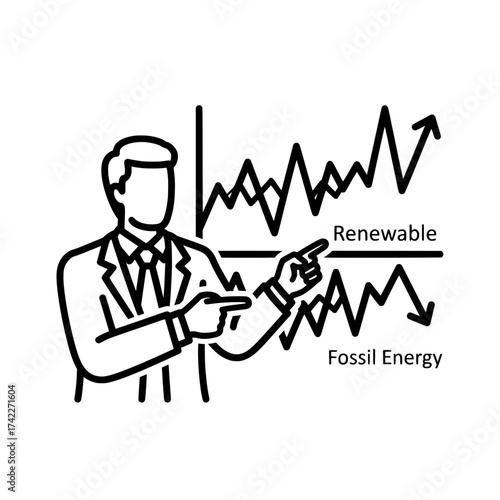 Business presentation on renewable energy and fossil fuel trends.