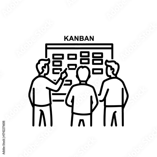 Kanban board meeting with team members discussing project tasks and workflow management.