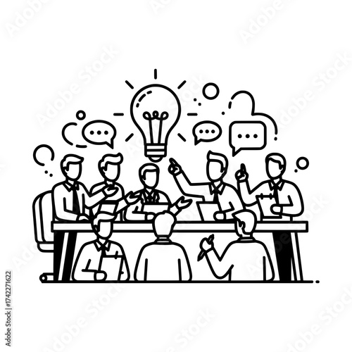 Teamwork and brainstorming session with light bulb idea concept.