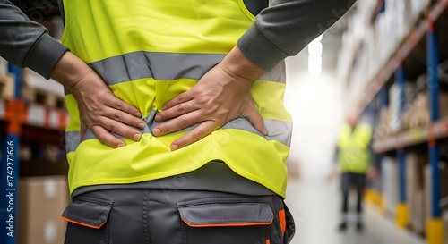 Warehouse worker suffering from back pain while working in a distribution center