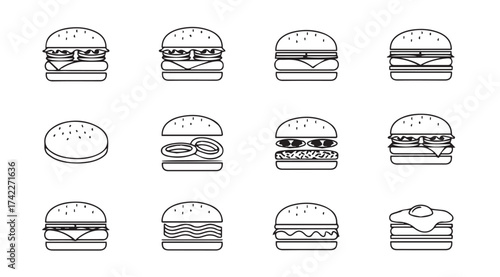 Collection of delicious hand-drawn burgers and cheeseburgers stylized icons for food menus vector