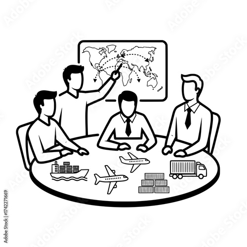 Logistics and transportation meeting with global shipping routes.