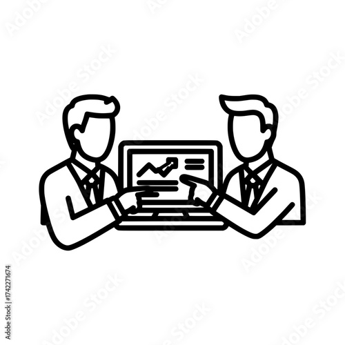 Business meeting with two people discussing financial data on a laptop screen.