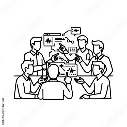 Medical team discussing patient data and analysis on a table.