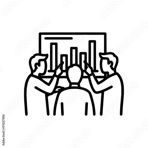 Business team discussing a graph presentation or report in a meeting.