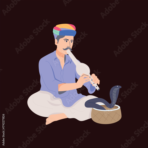 Traditional Indian Snake Charmer Illustration on Dark Background