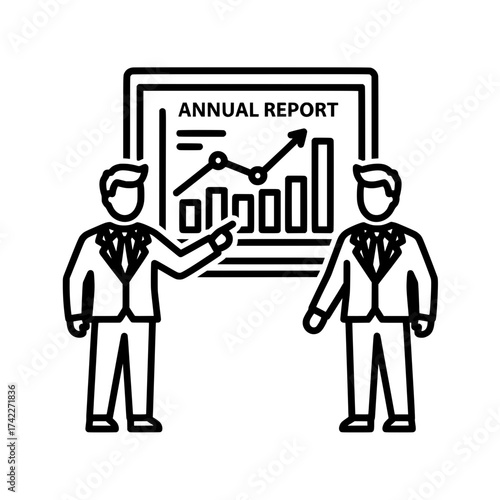 Business presentation with annual report and two people discussing the data.