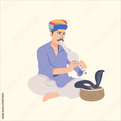 Traditional Indian Snake Charmer Illustration on Light Background