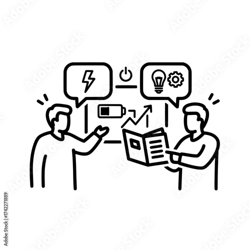 Two men discussing ideas and solutions with speech bubbles and a book.