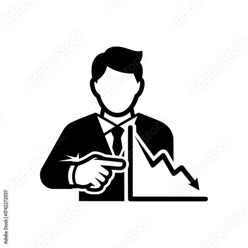 Businessman pointing at a decreasing graph indicating financial decline and economic downturn.