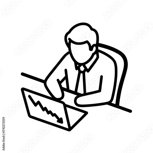 Businessman looking at a laptop screen with a declining graph.