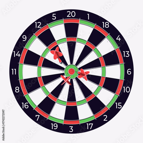 Vector illustration of a dartboard with darts isolated on white background. Classic target with bullseye and numbered segments. For sports, games, entertainment, and recreational design projects.