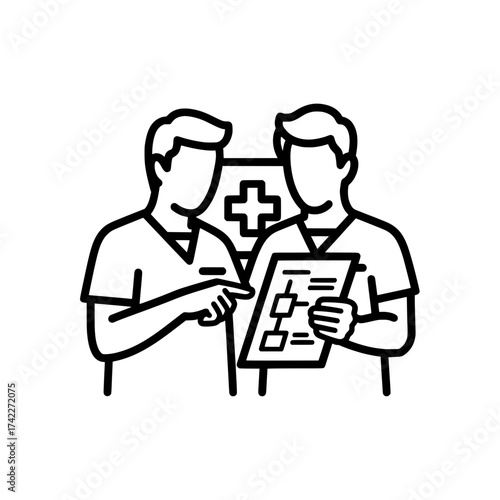 Two medical professionals reviewing a medical chart together for diagnosis and treatment.