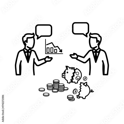 Financial crisis discussion with broken piggy bank and falling graph.