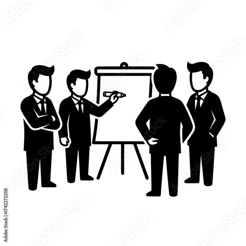 Business presentation with a flip chart and four businessmen.