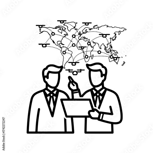 Business professionals discussing global network technology with world map.