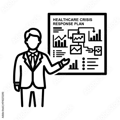 Man presenting healthcare crisis response plan business concept infographic.
