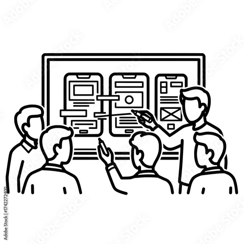 Team of people discussing mobile app design on a whiteboard.