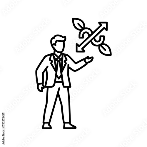 Businessman presenting sustainable development concept with arrows and leaves.
