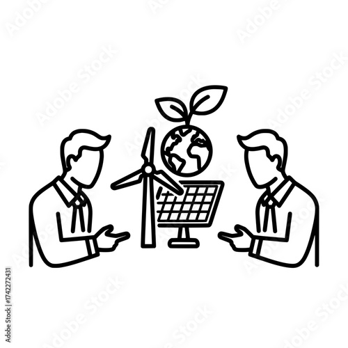 Two people discussing renewable energy sources and environmental protection.