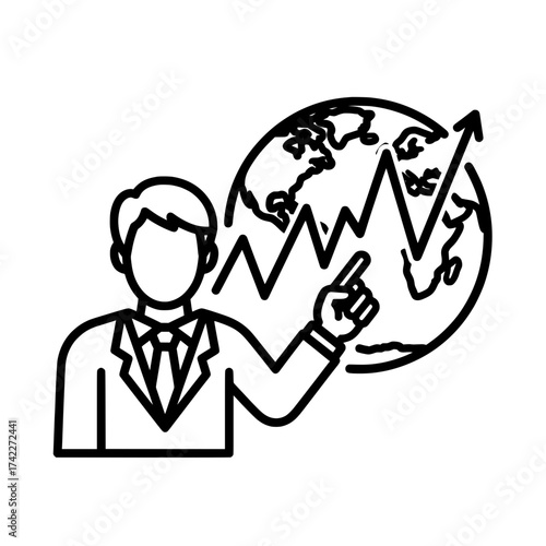 Business professional presenting global financial data analysis and market growth.