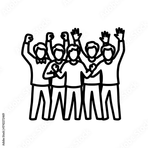 Group of people with raised hands celebrating success and victory.