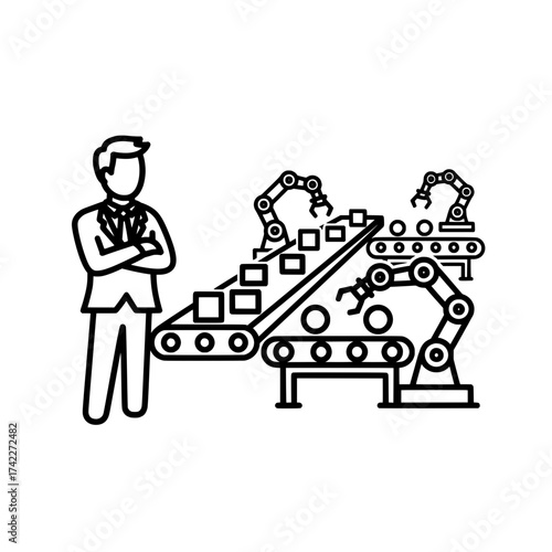 Businessman overseeing automated robotic assembly line production process.