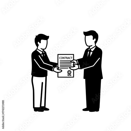 Business partners exchanging contract document agreement deal.