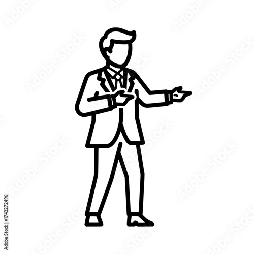Business man in suit pointing with both hands showing direction presentation.