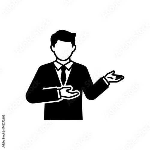 Business professional gesturing with open hands welcoming and presenting.