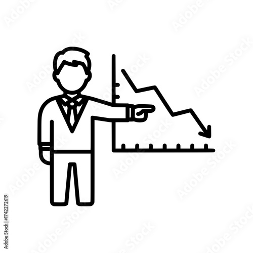 Businessman pointing at a declining graph indicating financial loss or downturn.