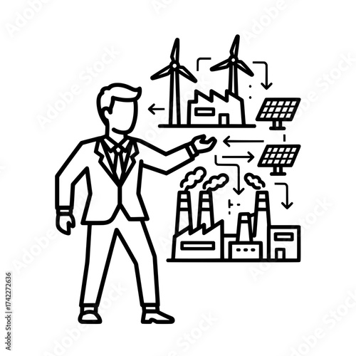 Businessman presenting sustainable energy sources for industry and environment.