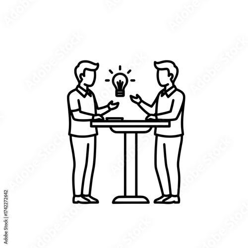 Two people discussing an idea at a table with a lightbulb above.