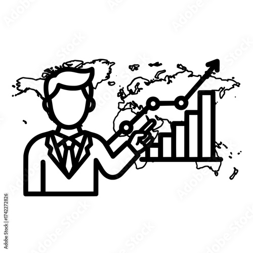 Business professional presenting global financial growth and market analysis.