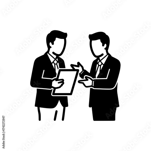 Two business men discussing a document in a meeting.