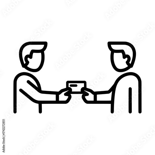 Two people exchanging a card business transaction or information sharing.