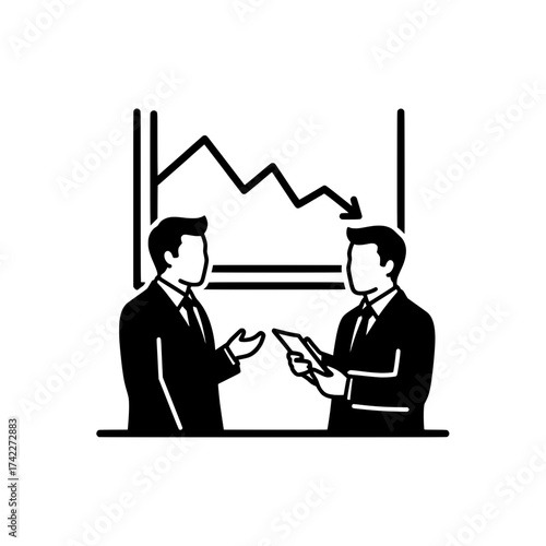 Business professionals discussing financial data with a declining trend graph.