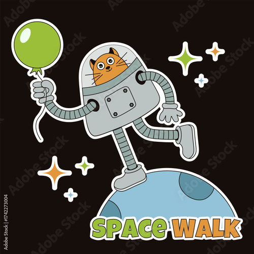 Cosmic sticker. Vector illustration of whimsical cat Astronaut in space suit walk on the moon with air balloon. Perfect kids Sticker design book sticky patch decor. EPS 10