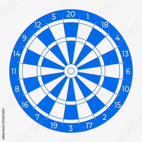 Vector illustration of a dartboard isolated on white background. Classic dart target with bullseye and numbered segments. Perfect for sports, games, entertainment, and recreational design projects.