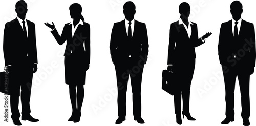 Silhouette illustration of business professionals in formal suits standing together representing teamwork, leadership, communication, and corporate office collaboration concept
