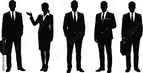 Silhouette illustration of business professionals standing in formal attire with briefcases and documents, teamwork concept for corporate presentation design