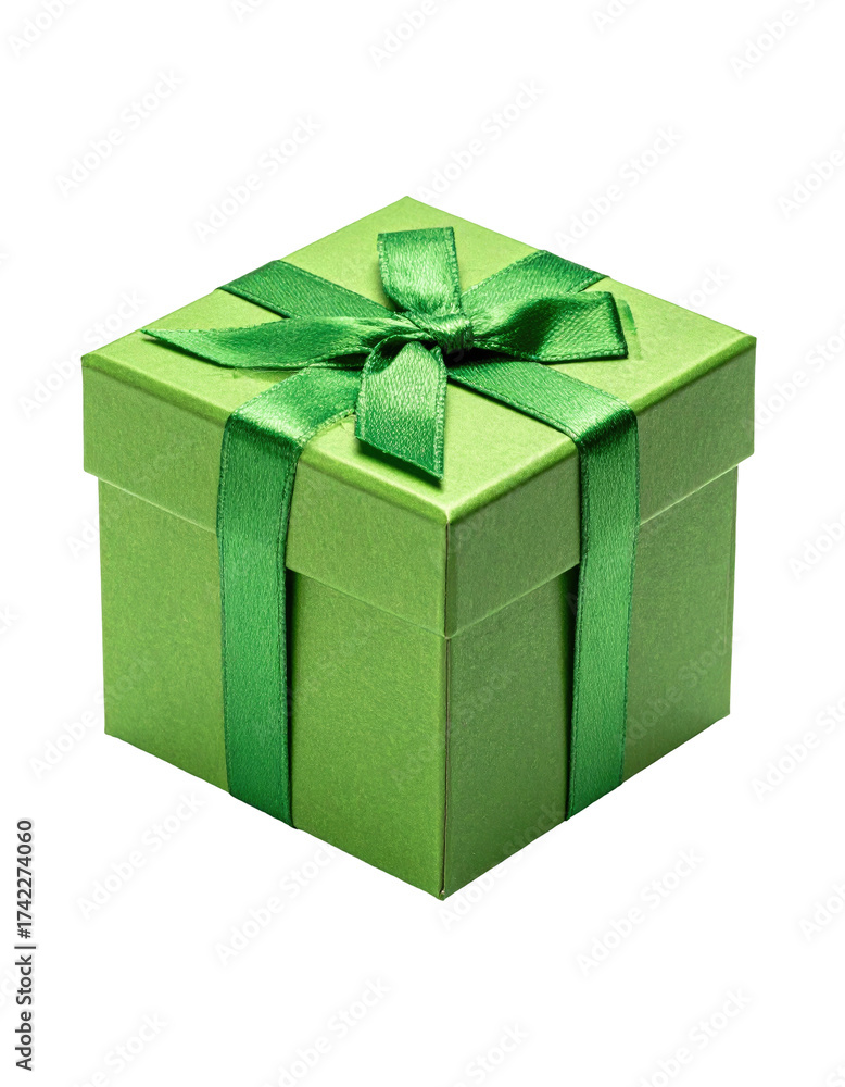 Obraz premium A vibrant green gift box tied with a satin ribbon and bow.