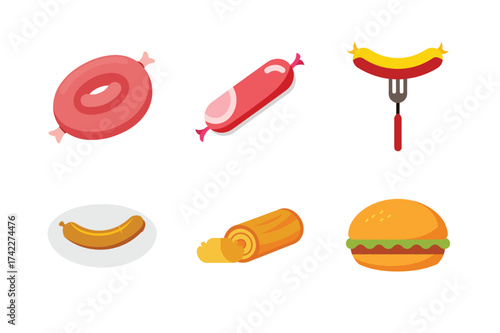 Collection of delicious sausage and burger illustrations for food graphics